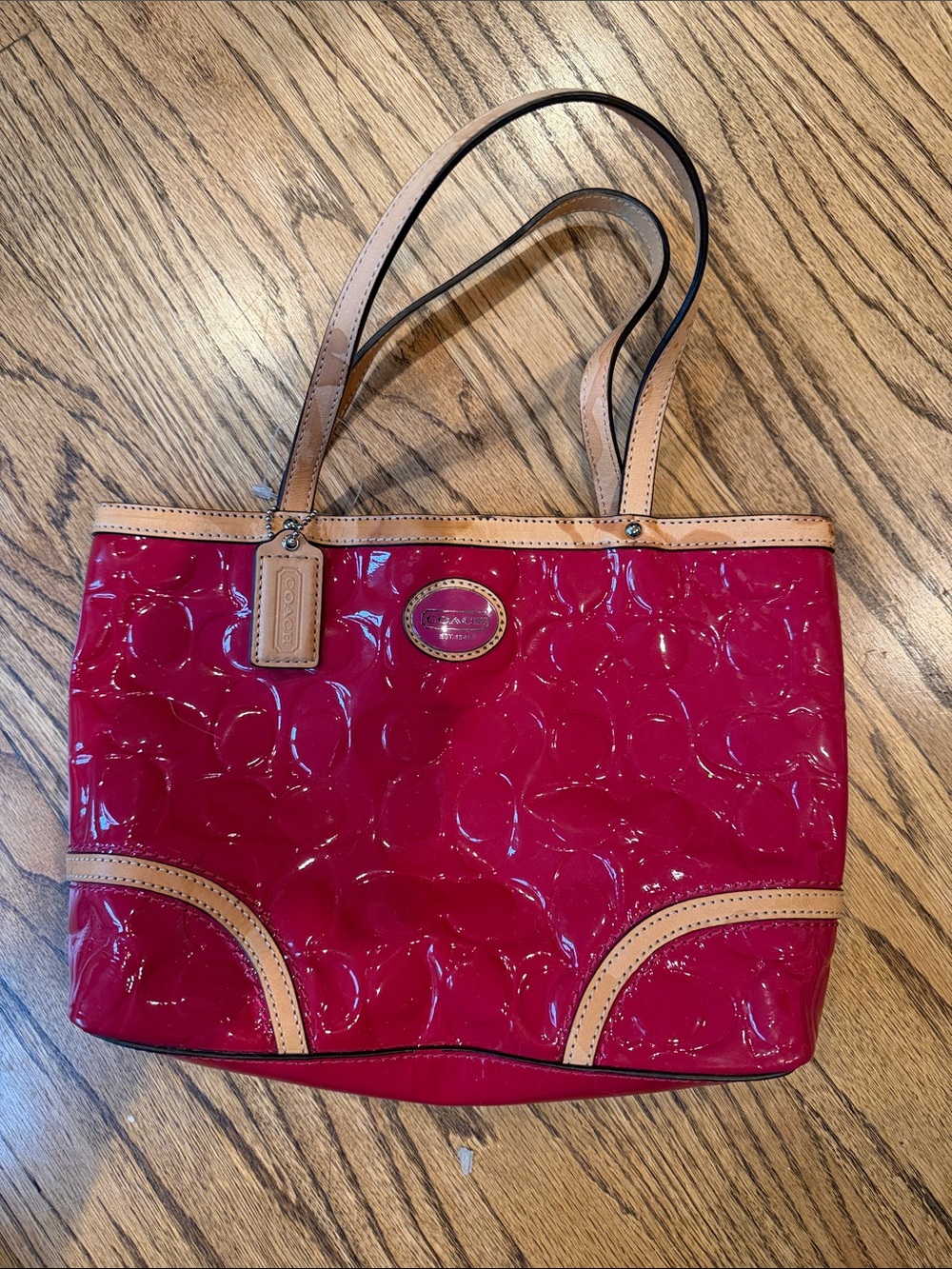 Coach Glossy Red Patent Tote with Tan Trim